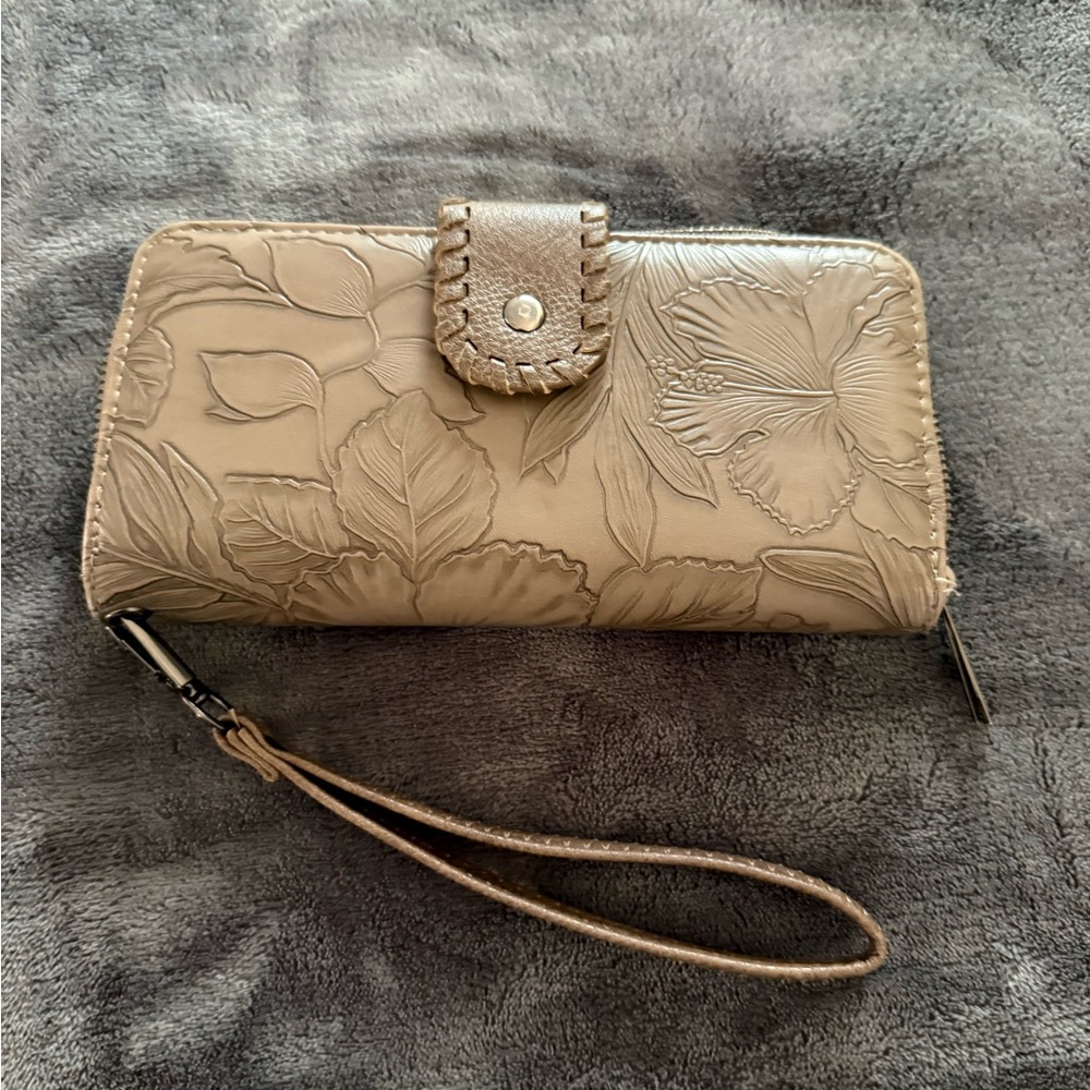 Elegant Floral Embossed Tan Wristlet